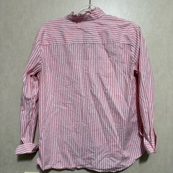 Crown & Ivy Pink White Striped Cotton Stretch Ruffle Button Up Top - Picture 4 of 6